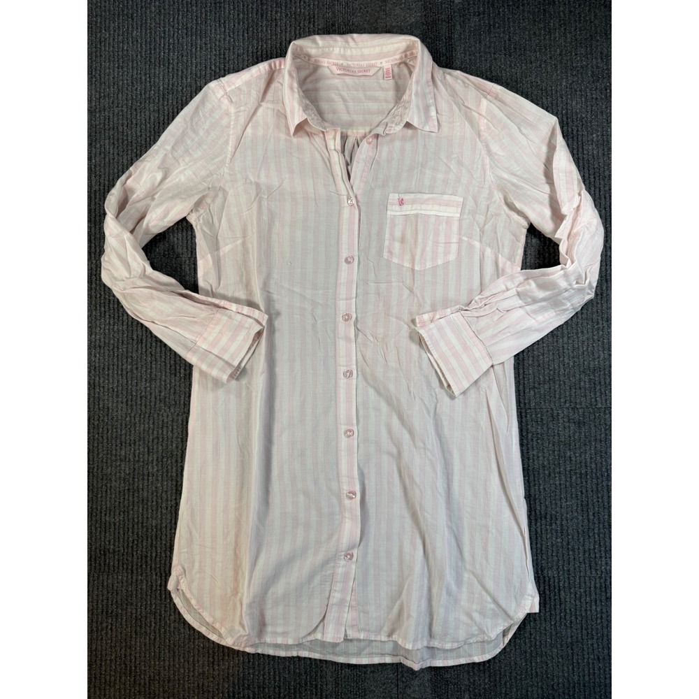 Victorias Secret Pink White Striped Cotton Nightshirt Button Front Sleep Shirt M